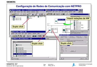Configuração de Redes de Comunicação com NETPRO

Inserir estações de HW

Duplo click

Duplo click

Duplo click

SIMATIC S7
Siemens AG 1999. All rights reserved.

Date:
File:

09.03.2014
PRO2_10P.19

Conhecimento em Automação
Training Center

 
