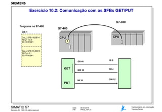 Exercício 10.2: Comunicação com os SFBs GET/PUT
S7-300
Programa no S7-400

S7-400

OB 1
CALL SFB14,DB14
REQ= I 0.0
ID:=W#16#1
.
.
.
CALL SFB 15,DB15
REQ=I 0.1
ID:=W#16#1
.
.

CPU

CPU
1

MPI=2

QB 40

.
.

GET

IB 0

QW 42

IW 4

IW 30

QW 12

PUT

SIMATIC S7
Siemens AG 1999. All rights reserved.

Date:
File:

09.03.2014
PRO2_10P.33

Conhecimento em Automação
Training Center

 