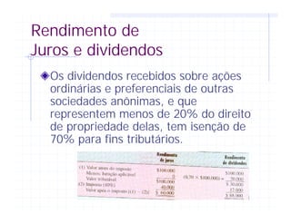 Rendimento de
Juros e dividendos
Os dividendos recebidos sobre ações
ordinárias e preferenciais de outras
sociedades anônimas, e que
representem menos de 20% do direito
de propriedade delas, tem isenção de
70% para fins tributários.
 