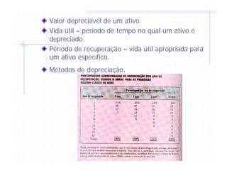 Valor depreciável de um ativo.
Vida útil – periodo de tempo no qual um ativo é
depreciado.
Período de recuperação – vida útil apropriada para
um ativo específico.
Métodos de depreciação.
 