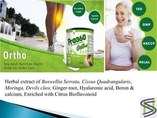 Herbal extract of Boswellia Serrata, Cissus Quadrangularis,
Moringa, Devils claw, Ginger root, Hyaluronic acid, Boron &
calcium, Enriched with Citrus Bioflavonoid
 