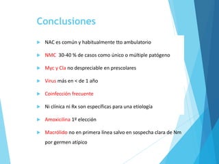 Conclusiones
 NAC es común y habitualmente tto ambulatorio
 NMC 30-40 % de casos como único o múltiple patógeno
 Myc y ...