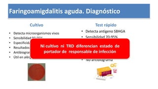 Cultivo
• Detecta microorganismos vivos
• Sensibilidad 90-95%
• Especificidad hasta 99%
• Resultados en días
• Antibiograma.
• Útil en alérgicos a Pen.
Test rápido
• Detecta antígeno SBHGA
• Sensibilidad 70-95%
• Especificidad: ≈ 95%
• Resultados en minutos
• No identifican grupos C y G
• No antibiograma
Faringoamigdalitis aguda. Diagnóstico
Ni cultivo ni TRD diferencian estado de
portador de responsable de infección
 