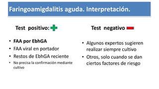 interpretación
Test positivo:
• FAA por EbhGA
• FAA viral en portador
• Restos de EbhGA reciente
• No precisa la confirmación mediante
cultivo
Test negativo
• Algunos expertos sugieren
realizar siempre cultivo
• Otros, solo cuando se dan
ciertos factores de riesgo
Faringoamigdalitis aguda. Interpretación.
 