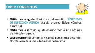 Otitis: CONCEPTOS
• Otitis media aguda: líquido en oído medio + SÍNTOMAS
DE INFECCIÓN AGUDA (otalgia, otorrea, fiebre, vómitos,
anorexia)
• Otitis media serosa: líquido en oído medio sin síntomas
de infección aguda.
• OM persistente: síntomas y signos persisten a pesar del
tto y/o recaída al mes de finalizar el mismo.
 