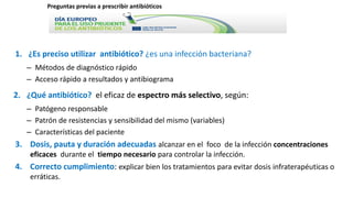 1. ¿Es preciso utilizar antibiótico? ¿es una infección bacteriana?
– Métodos de diagnóstico rápido
– Acceso rápido a resultados y antibiograma
2. ¿Qué antibiótico? el eficaz de espectro más selectivo, según:
– Patógeno responsable
– Patrón de resistencias y sensibilidad del mismo (variables)
– Características del paciente
3. Dosis, pauta y duración adecuadas alcanzar en el foco de la infección concentraciones
eficaces durante el tiempo necesario para controlar la infección.
4. Correcto cumplimiento: explicar bien los tratamientos para evitar dosis infraterapéuticas o
erráticas.
Preguntas previas a prescribir antibióticos
 
