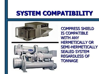 SYSTEM COMPATIBILITY COMPRESS SHIELD IS COMPATIBLE WITH ANY HERMETICALLY OR SEMI-HERMETICALLY SEALED SYSTEM REGARDLESS OF TONNAGE  