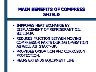 MAIN BENEFITS OF COMPRESS SHIELD IMPROVES HEAT EXCHANGE BY DISPLACEMENT OF REFRIGERANT OIL BUILD-UP. REDUCES FRICTION BETWEN MOVING COMPRESSOR PARTS DURING OPERATION AS WELL AS  START-UP. PROVIDES OXIDATION AND CORROSION PROTECTION. HELPS EXTENDS EQUIPMENT LIFE 