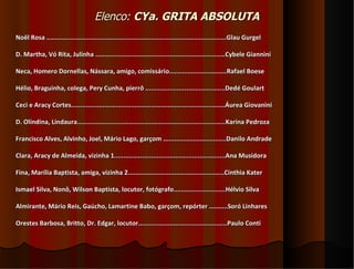 Elenco: CYa. GRITA ABSOLUTA
Noël Rosa .................................................................................................Glau Gurgel

D. Martha, Vó Rita, Julinha ......................................................................Cybele Giannini

Neca, Homero Dornellas, Nássara, amigo, comissário...............................Rafael Boese

Hélio, Braguinha, colega, Pery Cunha, pierrô ...........................................Dedé Goulart

Ceci e Aracy Cortes...................................................................................Áurea Giovanini

D. Olindina, Lindaura................................................................................Karina Pedroza

Francisco Alves, Alvinho, Joel, Mário Lago, garçom ..................................Danilo Andrade

Clara, Aracy de Almeida, vizinha 1............................................................Ana Musidora

Fina, Marília Baptista, amiga, vizinha 2....................................................Cínthia Kater

Ismael Silva, Nonô, Wilson Baptista, locutor, fotógrafo............................Hélvio Silva

Almirante, Mário Reis, Gaúcho, Lamartine Babo, garçom, repórter ..........Soró Linhares

Orestes Barbosa, Britto, Dr. Edgar, locutor................................................Paulo Conti
 