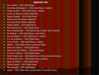 Segundo Ato
   Seu Jacinto – 1933 (Noël Rosa)
   Conversa de Botequim – 1935 (Noël Rosa e Vadico)
   Feitiço da Vila – 1934 (Noël Rosa e Vadico)
   Lenço no Pescoço (Wilson Baptista)
   Rapaz Folgado – 1933 (Noël Rosa)
   Mocinho da Vila (Wilson Baptista)
   Conversa Fiada (Wilson Baptista)
   Palpite Infeliz – 1935 (Noël Rosa)
   Pela Décima Vez – 1935 (Noël Rosa)
   Pierrô Apaixonado – 1935 (Noël Rosa e Heitor dos Prazeres)
   De Babado – 1936 (Noël Rosa e João Mina)
   Pra que Mentir? – 1937 (Noël Rosa e Vadico)
   O X do problema – 1936 (Noël Rosa)
   Cem mil-réis – 1936 (Noël Rosa e Vadico)
   AEIOU – 1932 (Noël Rosa e Lamartine Babo)
   Dama do Cabaré – 1936 (Noël Rosa)
   Silêncio de Um Minuto – 1935 (Noël Rosa)
   Provei (e Vadico) – 1936 (Noël Rosa)
   Pela Primeira Vez – 1936 (Noël Rosa e Christovam de Alencar)
   Só Pode Ser Você – 1935 (Noel Rosa e Vadico)
   Quem Ri Melhor – 1936 (Noël Rosa)
   Último Desejo – 1937 (Noël Rosa)
   Fita Amarela – 1932 (Noël Rosa)
   Adeus – 1931 (Noël Rosa, Ismael Silva e Francisco Alves)
 