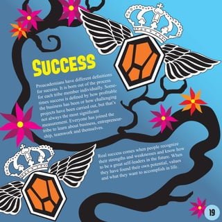 Su ccess       ians hav
                          ed
                                         efinition
                              ifferent d rocess
                                      the p
                                                   s

  roacadem t is born out of                          e-
P                 I                      ally. Som
for   success.             ber  individu rofitable
               ibe mem ed by how p
     r each tr                                        g
 fo                 s is defin              allengin
  time   s succes           en o  r how ch that’s
                 ss has be rried out, but
   th e busine             n ca
               have bee significant
    projects        the most e has joined the -
        t always                  n                     r
    no                 . Everyo ess, entrepreneu
     meas   urement            busin
                      n about              es.
      trib e to lear             themselv
                  mw   ork and
       ship, tea

                                                                                   ecognize
                                                                         people r
                                                               s when                 now how
                                                  c ess come eaknesses and k
                                        Real suc ths and w                          ure. Wh
                                                                                              en
                                        their st reng                rs i n the fut values
                                                          elf-leade                ial,
                                         to be  a great s their own potent               life.
                                                       found                   plish in
                                          th ey have          ant t o accom
                                                     t they w
                                           and wha




                                                                                                   19
 