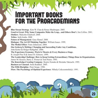Important books
    for the Proacademians
Blue Ocean Strategy. Kim W. Chan & Renee Mauborgne. 2005.
Good to Great: Why Some Companies Make the Leap... and Others Don’t. Jim Collins. 2001.
Outliers. Malcolm Gladwell. 2008.
Tribes. Seth Godin. 2008
Future of Management. Gary Hamel. 2008.
Dialogue: The Art Of Thinking Together. William Isaacs. 1999.
The Medici Effect. Frans Johansson. 2004.
Our Iceberg Is Melting: Changing and Succeeding Under Any Conditions.
John Kotter & Holger Rathgeber. 2006.
The Experience Economy: Work Is Theatre & Every Business a Stage.
B. Joseph Pine II & James H. Gilmore. 1999.
The Leadership Challenge: How to Keep Getting Extraordinary Things Done in Organizations.
James M. Kouzes, Barry Z. Posner & Tom Peters. 1995.
The Knowledge-Creating Company. Ikujiro Nonaka & Hirotaka Takeuchi. 1995.
Business as Unusual. Anita Roddick. 2005.
The Fifth Discipline. Peter Senge. 1990.
Flow: The Psychology of Optimal Experience. Mihaly Csikszentmihalyi. 1991.




                                                                                     23
 
