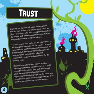 rs
                                              s and the elde
                     the  proacademian                      re are
    Every spring                             the tribe. The
                     me   mbers to join                      to take
    look for new                             een preparing
                        te s who have b                       dying
    plenty of initia                          eurship by stu
                      ith  into entrepren
     the leap of fa                                 nce.
                                    computer scie
     one yea   r business or
                                                              wed by
                                               d are intervie
                        us   ones apply an                    e most
      The courageo                            the elders. Th
                         ca  demians and                       in the
      the older proa                           re chosen to jo
                           h  umble ones a
       motivated and                              embers are sp
                                                                  lit
                         .T    he new tribe m
       tribe next fall                                the
                                      ne elder takes
       into tw   o teams and o                    ch them for th
                                                                   e
                            to   guide and coa
        responsibility
                           .
        coming years
                                                                t
                                                 rmed, the firs
                               s have been fo
         Once the team                            embers is to b
                                                                  uild
                             th  e new tribe m
          objective for                         esty between
                                                               each
                             l  trust and hon
          unconditiona                                  em by
                                       embers help th
                  Older tribe m                                 ms also
           other.                                ys and the tea
                              a  mbuilding da                   are their
           organizing te                         cottages to sh
                                 ats to distant
            organize retre                      ersonal storie
                                                               s.
                                ements and p
            learning agre



6
 