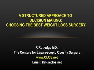 A STRUCTURED APPROACH TO  DECISION MAKING: CHOOSING THE BEST WEIGHT LOSS SURGERY R Rutledge MD,  The Centers for Laparoscopic Obesity Surgery www.CLOS.net Email: DrR@clos.net 