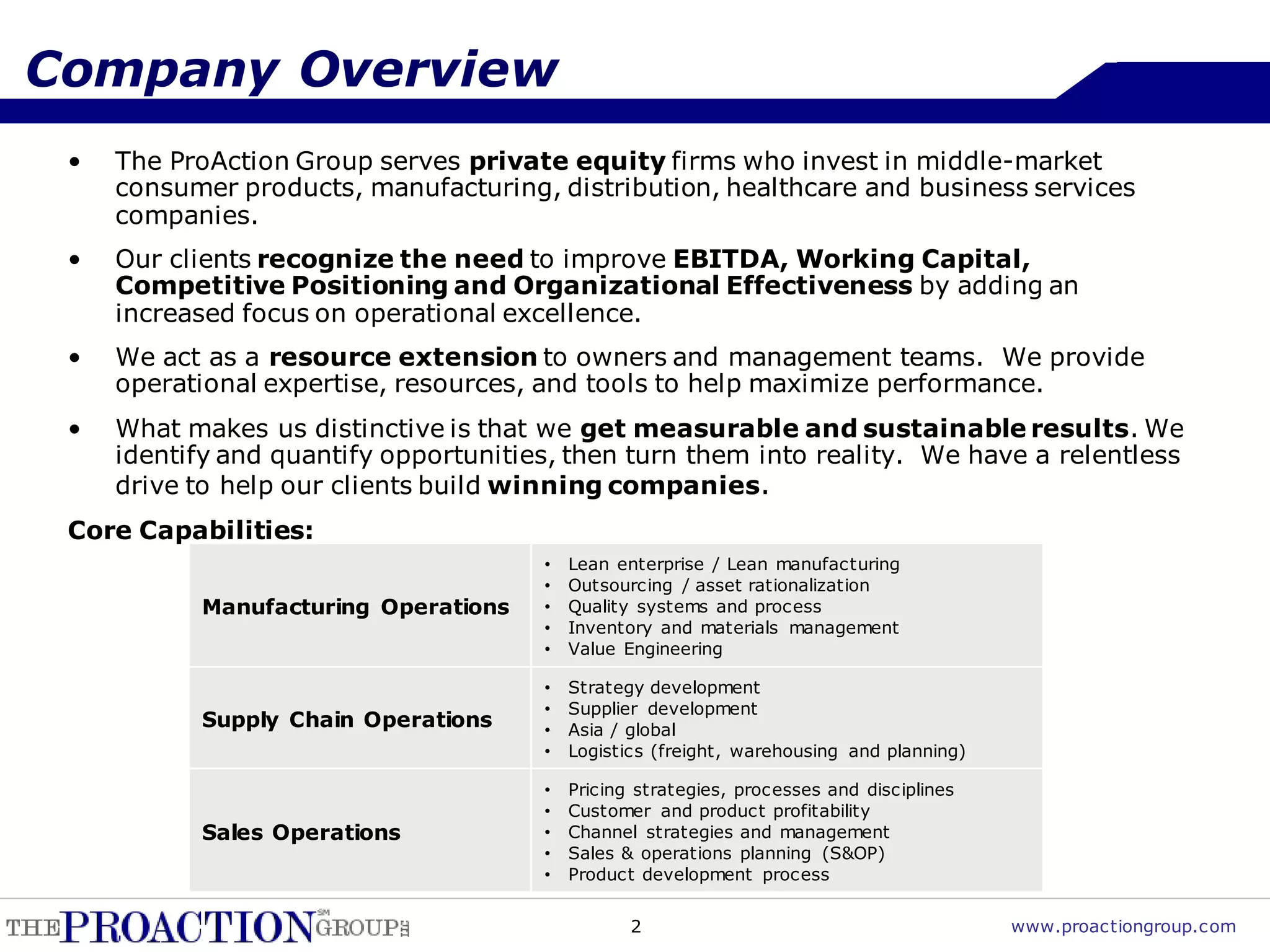 Company Overview
 •   The ProAction Group serves private equity firms who invest in middle-market
     consumer products, manufacturing, distribution, healthcare and business services
     companies.
 •   Our clients recognize the need to improve EBITDA, Working Capital,
     Competitive Positioning and Organizational Effectiveness by adding an
     increased focus on operational excellence.
 •   We act as a resource extension to owners and management teams. We provide
     operational expertise, resources, and tools to help maximize performance.
 •   What makes us distinctive is that we get measurable and sustainable results. We
     identify and quantify opportunities, then turn them into reality. We have a relentless
     drive to help our clients build winning companies.
 Core Capabilities:
                                       •   Lean enterprise / Lean manufacturing
                                       •   Outsourcing / asset rationalization
           Manufacturing Operations    •   Quality systems and process
                                       •   Inventory and materials management
                                       •   Value Engineering

                                       •   Strategy development
                                       •   Supplier development
           Supply Chain Operations     •   Asia / global
                                       •   Logistics (freight, warehousing and planning)

                                       •   Pricing strategies, processes and disciplines
                                       •   Customer and product profitability
           Sales Operations            •   Channel strategies and management
                                       •   Sales & operations planning (S&OP)
                                       •   Product development process


                                                  2                                        www.proactiongroup.com
 