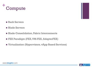 + 
Compute 
Rack Servers 
Blade Servers 
Blade Consolidation, Fabric Interconnects 
FEX Paradigm (FEX, VM-FEX, AdapterFEX) 
Virtualization (Hypervisors, vAppBased Services)  