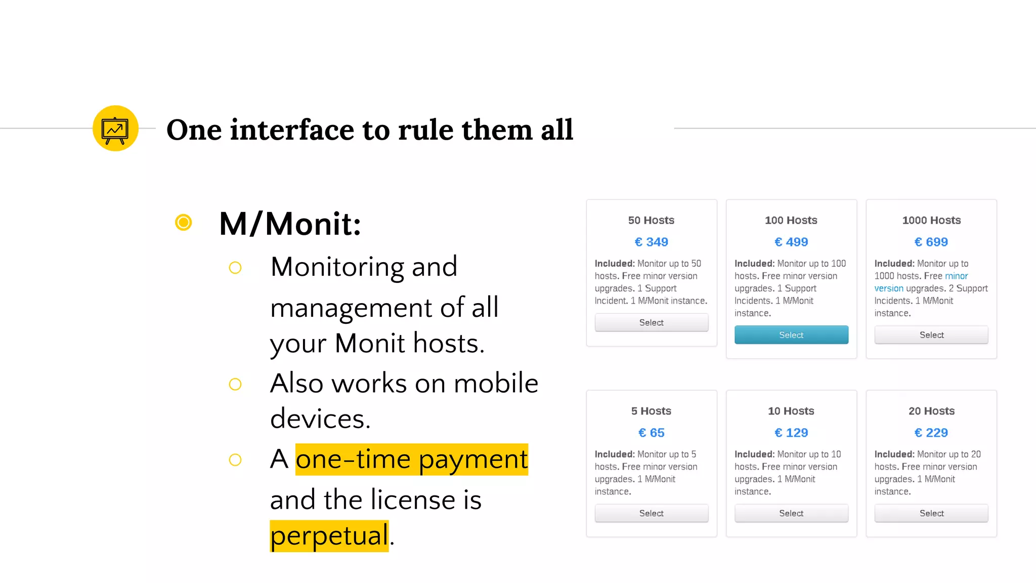 One interface to rule them all
◉ M/Monit:
○ Monitoring and
management of all
your Monit hosts.
○ Also works on mobile
devices.
○ A one-time payment
and the license is
perpetual.
 