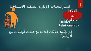 ‫االستباقية‬ ‫الصفية‬ ‫اإلدارة‬ ‫استراتيجيات‬
‫العالقا‬
‫ت‬
‫اإليجابية‬
‫طالبك‬ ‫مع‬ ‫إيجابية‬ ‫عالقات‬ ‫بإقامة‬ ‫قم‬
(
‫مع‬ ‫وطالبك‬
)‫أقرانهم‬
1
Positive
Relationships
 