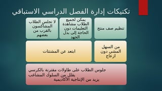 ‫االستباقي‬ ‫الدراسي‬ ‫الفصل‬ ‫إدارة‬ ‫تكتيكات‬
‫بالكرسي‬ ‫مقترنة‬ ‫طاوالت‬ ‫على‬ ‫الطالب‬ ‫جلوس‬
‫المشاغب‬ ‫السلوك‬ ‫من‬ ‫يقلل‬
‫األكاديمية‬ ‫اإلنتاجية‬ ‫من‬ ‫يزيد‬
‫المشتتات‬ ‫عن‬ ‫ابتعد‬
‫الطالب‬ ‫تجلس‬ ‫ال‬
‫المشاكسون‬
‫من‬ ‫بالقرب‬
‫بعضهم‬
‫لجميع‬ ‫يمكن‬
‫مشاهدة‬ ‫الطالب‬
‫دون‬ ‫التعليمات‬
‫بذل‬ ‫إلى‬ ‫الحاجة‬
‫الجهد‬
‫السهل‬ ‫من‬
‫دون‬ ‫المشي‬
‫ازعاج‬
‫منتج‬ ‫صف‬ ‫تنظيم‬
 