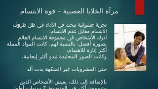 –
‫االبتسام‬ ‫قوة‬ ‫العصبية‬ ‫الخاليا‬ ‫مرآة‬
‫ظروف‬ ‫ظل‬ ‫في‬ ‫األداء‬ ‫في‬ ‫تبحث‬ ‫عشوائية‬ ‫تجربة‬
:‫االبتسام‬ ‫عدم‬ ‫مقابل‬ ‫االبتسام‬
‫العالم‬ ‫االبتسام‬ ‫مجموعة‬ ‫في‬ ‫األشخاص‬ ‫أدرك‬
:
‫المملة‬ ‫المواد‬ ‫كانت‬ ،‫لهم‬ ‫بالنسبة‬ ‫أفضل‬ ‫بصورة‬
،‫لالهتمام‬ ‫إثارة‬ ‫أكثر‬
،‫إيجابية‬ ‫أكثر‬ ‫تبدو‬ ‫المحايدة‬ ‫الصور‬ ‫وكانت‬
‫ألذ‬ ‫بدت‬ ‫المنكهة‬ ‫غير‬ ‫المشروبات‬ ‫حتى‬
‫الذين‬ ‫األشخاص‬ ‫يعيش‬ ،‫ذلك‬ ‫إلى‬ ‫باإلضافة‬
 