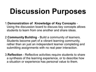 Discussion Purposes
1.Demonstration of Knowledge of Key Concepts -
Using the discussion board to discuss key concepts allows
students to learn from one another and share ideas.
2.Community Building - Build a community of learners.
Students become part of a vibrant learning community,
rather than an just an independent learner completing and
submitting assignments with no real peer interaction.
3.Reflection - Reflective activities require students to share
a synthesis of the learning experience, or to describe how
a situation or experience has personal value to them.
 