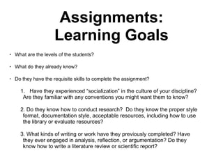 Assignments:
Learning Goals
• What are the levels of the students?
• What do they already know?
• Do they have the requisite skills to complete the assignment?
1. Have they experienced “socialization” in the culture of your discipline?
Are they familiar with any conventions you might want them to know?
2. Do they know how to conduct research? Do they know the proper style
format, documentation style, acceptable resources, including how to use
the library or evaluate resources?
3. What kinds of writing or work have they previously completed? Have
they ever engaged in analysis, reflection, or argumentation? Do they
know how to write a literature review or scientific report?
 