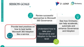 SESSION GOALS
4 0
Review successful
approaches to Microsoft
365 Governance
Understand how to
take your
Governance and
Adoption to the next
level
See how Orchestry
can help accelerate,
automate and
enhance Governance
and Adoption
Provide best practices on
how to best tackle
Microsoft 365 Adoption
like a service
PROACTIVE
GOVERNANCE
&
ADOPTION
IN
M365
 