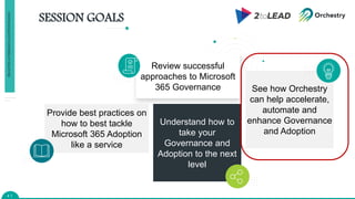 SESSION GOALS
4 1
Review successful
approaches to Microsoft
365 Governance
Understand how to
take your
Governance and
Adoption to the next
level
See how Orchestry
can help accelerate,
automate and
enhance Governance
and Adoption
Provide best practices on
how to best tackle
Microsoft 365 Adoption
like a service
PROACTIVE
GOVERNANCE
&
ADOPTION
IN
M365
 