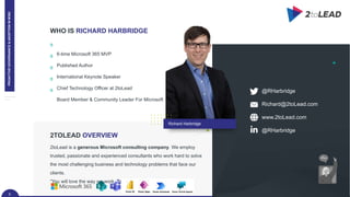 WHO IS RICHARD HARBRIDGE
2TOLEAD OVERVIEW
2toLead is a generous Microsoft consulting company. We employ
trusted, passionate and experienced consultants who work hard to solve
the most challenging business and technology problems that face our
clients.
“You will love the way we work. Together.”
6-time Microsoft 365 MVP
Published Author
International Keynote Speaker
Chief Technology Officer at 2toLead
Board Member & Community Leader For Microsoft
5
@RHarbridge
Richard@2toLead.com
www.2toLead.com
@RHarbridge
PROACTIVE
GOVERNANCE
&
ADOPTION
IN
M365
Richard Harbridge
 