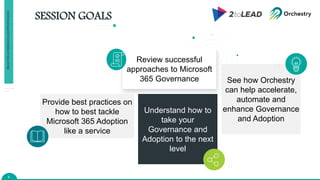 SESSION GOALS
6
Review successful
approaches to Microsoft
365 Governance
Understand how to
take your
Governance and
Adoption to the next
level
See how Orchestry
can help accelerate,
automate and
enhance Governance
and Adoption
Provide best practices on
how to best tackle
Microsoft 365 Adoption
like a service
PROACTIVE
GOVERNANCE
&
ADOPTION
IN
M365
 