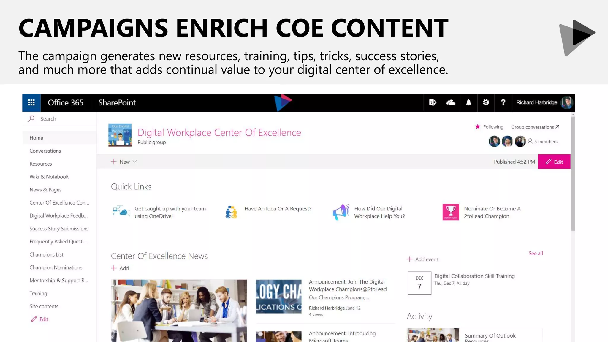CAMPAIGNS ENRICH COE CONTENT
The campaign generates new resources, training, tips, tricks, success stories,
and much more that adds continual value to your digital center of excellence.
 