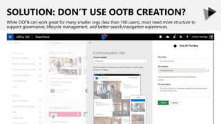 SOLUTION: DON’T USE OOTB CREATION?
While OOTB can work great for many smaller orgs (less than 100 users), most need more structure to
support governance, lifecycle management, and better search/navigation experiences.
Out Of The Box
●
 