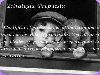 Estrategia  PropuestaIdentificar el problema que afronta con uno o varios de los valores principales. Considerar si los ideales y principios le proporcionan la dirección directa o sugieren una dirección para actuar.7