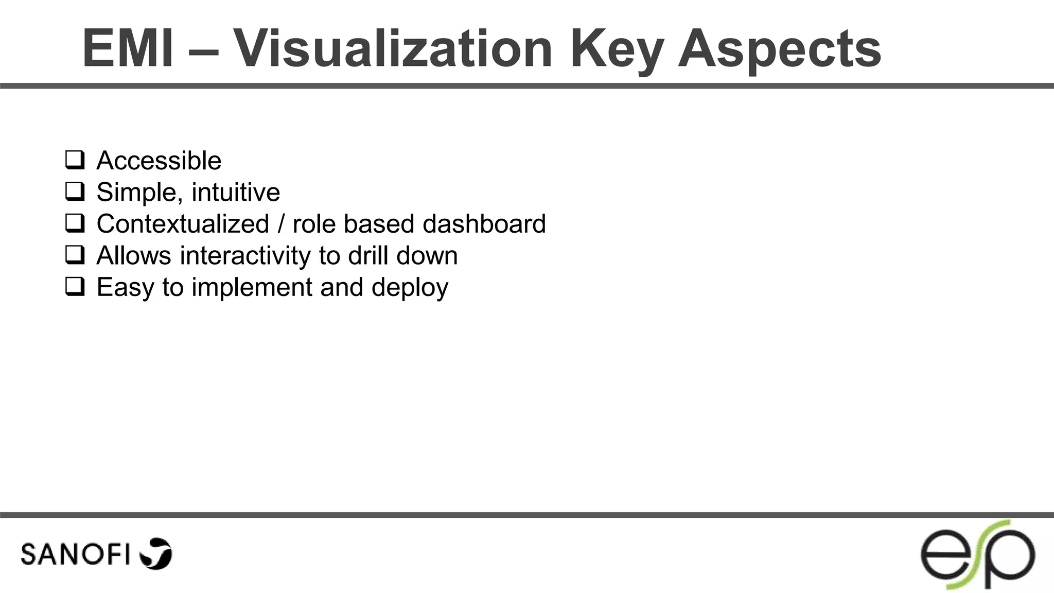EMI – Visualization Key Aspects
 Accessible
 Simple, intuitive
 Contextualized / role based dashboard
 Allows interactivity to drill down
 Easy to implement and deploy
 