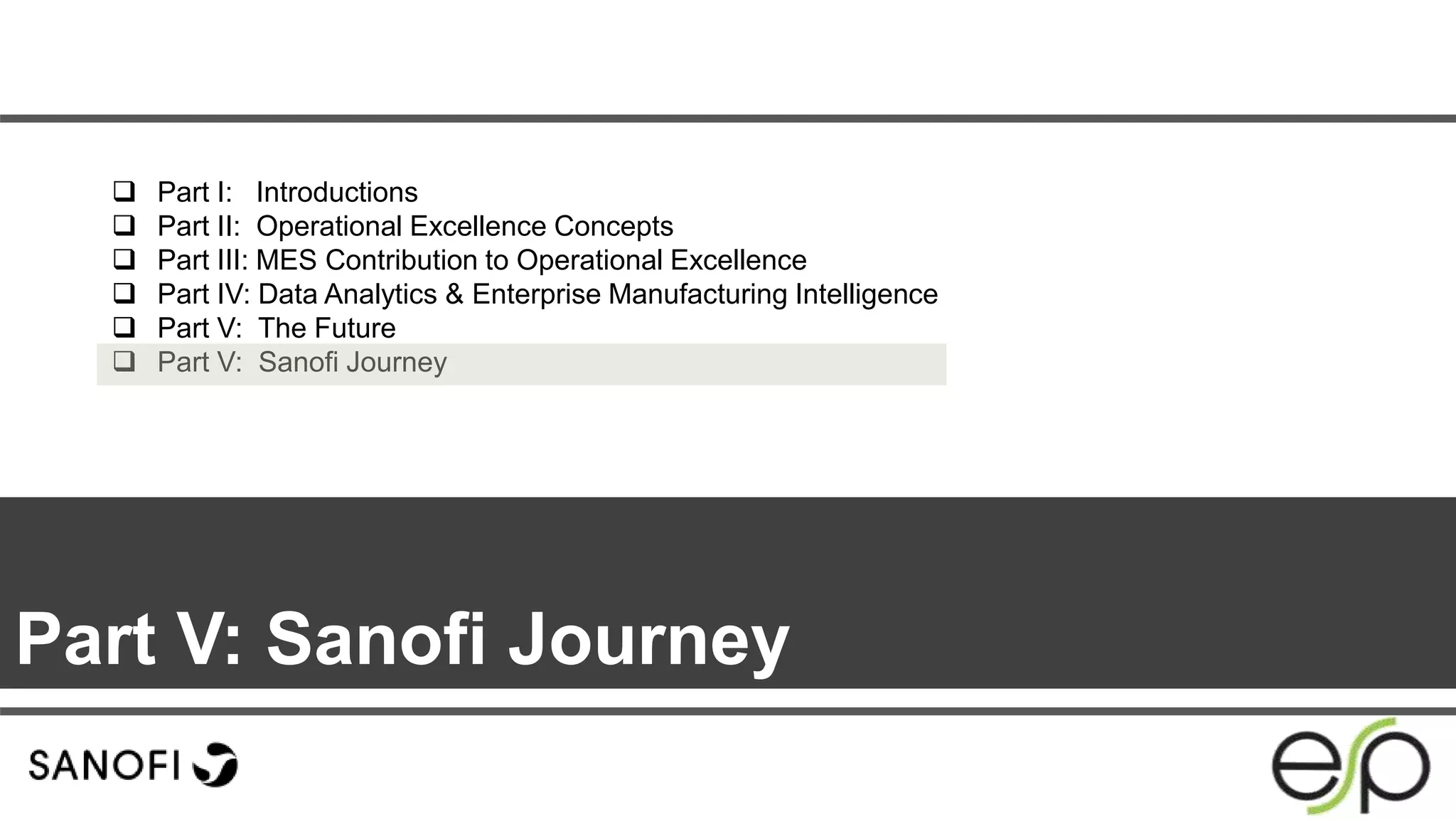 Part V: Sanofi Journey
 Part I: Introductions
 Part II: Operational Excellence Concepts
 Part III: MES Contribution to Operational Excellence
 Part IV: Data Analytics & Enterprise Manufacturing Intelligence
 Part V: The Future
 Part V: Sanofi Journey
 