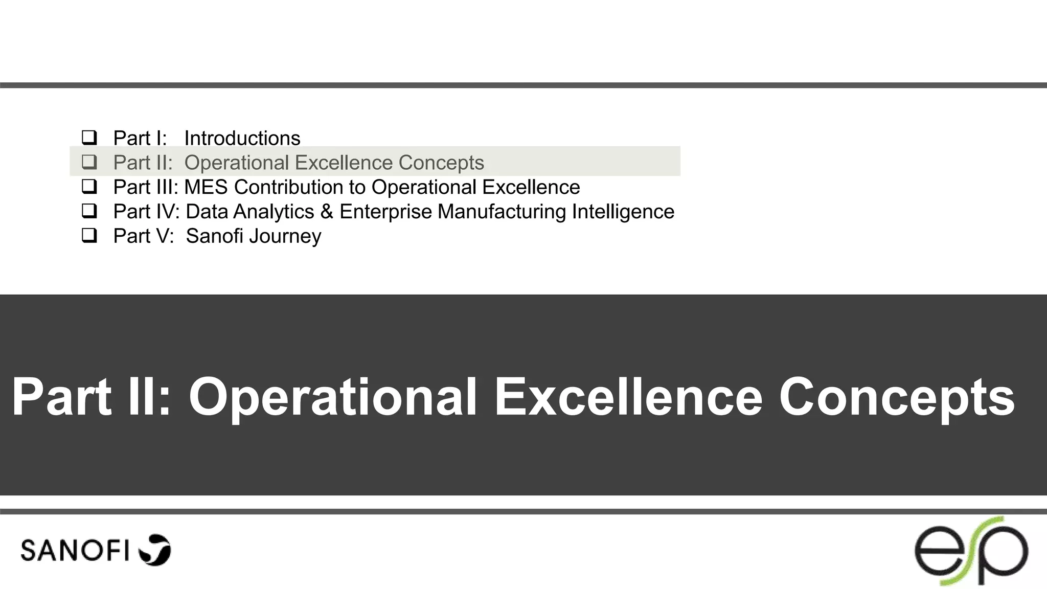 Part II: Operational Excellence Concepts
 Part I: Introductions
 Part II: Operational Excellence Concepts
 Part III: MES Contribution to Operational Excellence
 Part IV: Data Analytics & Enterprise Manufacturing Intelligence
 Part V: Sanofi Journey
 