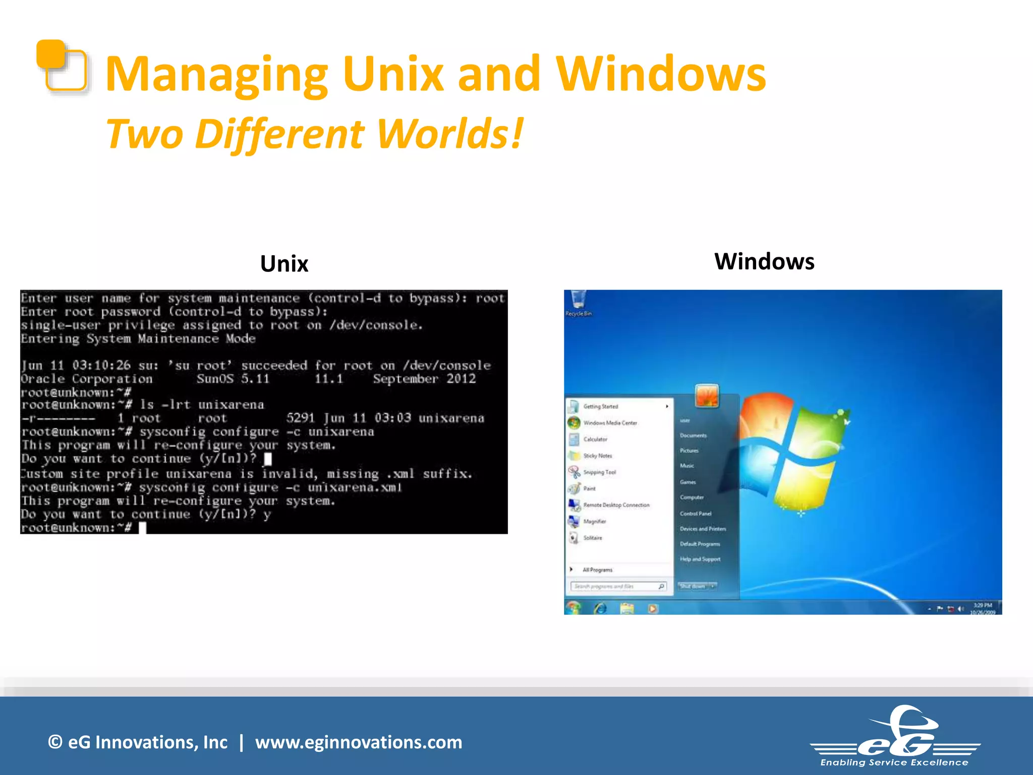Managing Unix and Windows 
Two Different Worlds! 
Unix Windows 
© eG Innovations, Inc | www.eginnovations.com 
 