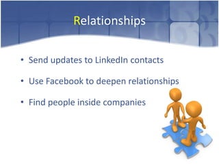 Relationships

• Send updates to LinkedIn contacts

• Use Facebook to deepen relationships

• Find people inside companies
 