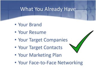 What You Already Have

•   Your Brand
•   Your Resume
•   Your Target Companies
•   Your Target Contacts
•   Your Marketing Plan
•   Your Face-to-Face Networking
 