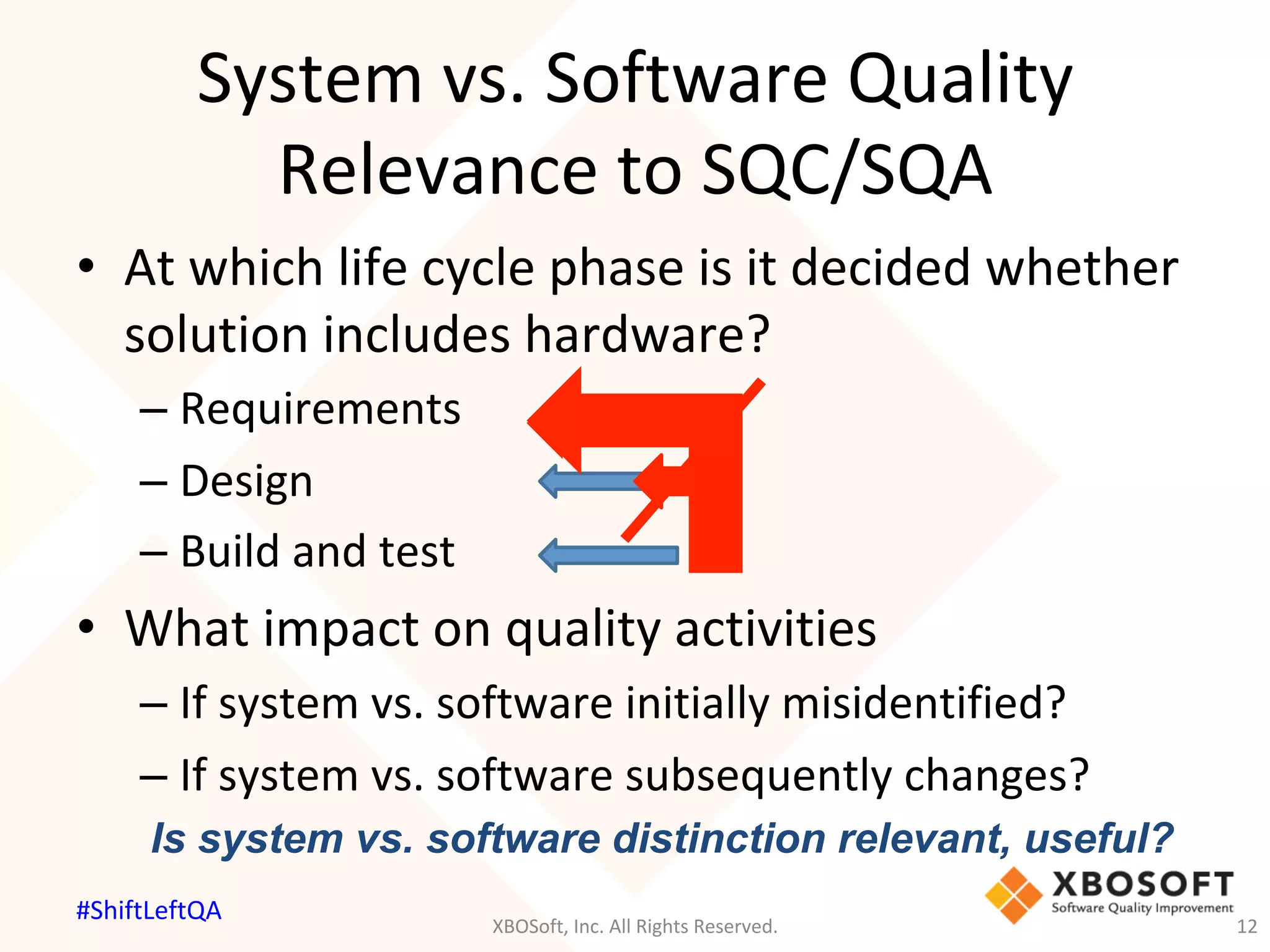 System	vs.	Software	Quality	
Relevance	to	SQC/SQA	
•  At	which	life	cycle	phase	is	it	decided	whether	
solution	includes	hardware?	
– Requirements	
– Design	
– Build	and	test	
•  What	impact	on	quality	activities		
– If	system	vs.	software	initially	misidentified?	
– If	system	vs.	software	subsequently	changes?	
Is system vs. software distinction relevant, useful?
XBOSoft,	Inc.	All	Rights	Reserved.	 12	
#ShiftLeftQA	
 