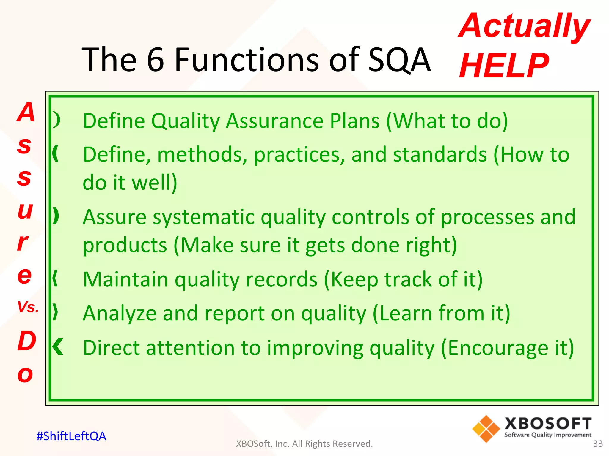 The	6	Functions	of	SQA	
❩  Define	Quality	Assurance	Plans	(What	to	do)	
❪  Define,	methods,	practices,	and	standards	(How	to	
do	it	well)	
❫  Assure	systematic	quality	controls	of	processes	and	
products	(Make	sure	it	gets	done	right)	
❬  Maintain	quality	records	(Keep	track	of	it)	
❭  Analyze	and	report	on	quality	(Learn	from	it)	
❮  Direct	attention	to	improving	quality	(Encourage	it)	
A
s
s
u
r
e
Vs.
D
o
Actually
HELP
XBOSoft,	Inc.	All	Rights	Reserved.	 33	
#ShiftLeftQA	
 