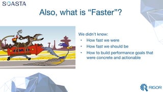 Also, what is “Faster”?
We didn’t know:
•  How fast we were
•  How fast we should be 
•  How to build performance goals that
were concrete and actionable
 