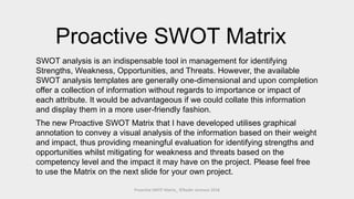Proactive SWOT Matrix
SWOT analysis is an indispensable tool in management for identifying
Strengths, Weakness, Opportunities, and Threats. However, the available
SWOT analysis templates are generally one-dimensional and upon completion
offer a collection of information without regards to importance or impact of
each attribute. It would be advantageous if we could collate this information
and display them in a more user-friendly fashion.
The new Proactive SWOT Matrix that I have developed utilises graphical
annotation to convey a visual analysis of the information based on their weight
and impact, thus providing meaningful evaluation for identifying strengths and
opportunities whilst mitigating for weakness and threats based on the
competency level and the impact it may have on the project. Please feel free
to use the Matrix on the next slide for your own project.
Proactive SWOT Matrix_ ©Nader Jarmooz 2018
 