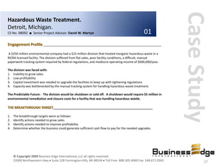 Case Study
Hazardous Waste Treatment.
Detroit, Michigan.
CS No. 08092 ■ Senior Project Advisor: David W. Martyn                                            01
Engagement Profile ________________________________________________________________

A $250 million environmental company had a $15 million division that treated inorganic hazardous waste in a
RICRA licensed facility. The division suffered from flat sales, poor facility conditions, a difficult, manual
paperwork tracking system required by federal regulations, and mediocre operating income of $600,000/year.

The division was faced with:
1. Inability to grow sales.
2. Low profitability
3. Capital investment was needed to upgrade the facilities to keep up with tightening regulations
4. Capacity was bottlenecked by the manual tracking system for handling hazardous waste treatment.

The Predictable Future: - The division would be shutdown or sold off. A shutdown would require $5 million in
environmental remediation and closure costs for a facility that was handling hazardous waste.

THE BREAKTHROUGH TARGET______________________________________________________

1.   The breakthrough targets were as follows:
2.   Identify actions needed to grow sales.
3.   Identify actions needed to improve profitability.
4.   Determine whether the business could generate sufficient cash flow to pay for the needed upgrades.




     © Copyright 2009 Business Edge International, LLC all rights reserved.
     32000 Northwestern Hwy Suite 128 Farmington Hills, MI 48334 Toll Free: 888.305.4060 Fax: 248.671.0565              27
 