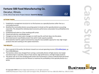 Case Study
Fortune 500 Food Manufacturing Co.
Decatur, Illinois.
CS No. 041117 ■ Senior Project Advisor: David W. Martyn                                             02
ACTIONS TAKEN__________________________________________________________________

1. Established a management structure to run the business as a specialty business rather than as a
   commodity business.
2. Modified the commodity division accounting system to break out the specialty division accounting
   separately. This allowed the individual plant economic performance and product line profitability to be
   evaluated.
3. Established each plant as a free standing profit center.
4. Closed and sold one unprofitable plant.
5. Changed out two of seven plant managers to instill new life and fresh ideas into the plants.
6. Eliminated several unprofitable product lines which made capacity available.
7. Eliminated the need for capital investment by using the now available capacity for new, high margin
   products that were waiting on the capital investment.

THE RESULTS ____________________________________________________________________

1. Over a period of 18 months, the division moved to an annual operating income of $5 million/year, up
   from $500,000/year.
2. The business culture was changed from running a commodity division of high volume, low margin
   manufacturing to a specialty culture of low volume, high performance, and high margin products.
3. The plants now ran as free standing profit centers but functioned as a team to allocate both personnel
   and production capacity across the division to maximize the profitability of the specialty division as a
   whole.




    © Copyright 2009 Business Edge International, LLC all rights reserved.
    32000 Northwestern Hwy Suite 128 Farmington Hills, MI 48334 Toll Free: 888.305.4060 Fax: 248.671.0565             30
 