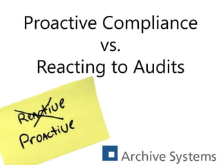 Proactive Compliance
vs.
Reacting to Audits
 