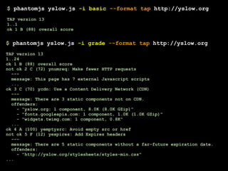 $ phantomjs yslow.js -i basic --format tap http://yslow.org
TAP version 13
1..1
ok 1 B (88) overall score


$ phantomjs yslow.js -i grade --format tap http://yslow.org
TAP version 13
1..24
ok 1 B (88) overall score
not ok 2 C (72) ynumreq: Make fewer HTTP requests
  ---
  message: This page has 7 external Javascript scripts
  ...
ok 3 C (70) ycdn: Use a Content Delivery Network (CDN)
  ---
  message: There are 3 static components not on CDN.
  offenders:
    - "yslow.org: 1 component, 8.0K (8.0K GZip)"
    - "fonts.googleapis.com: 1 component, 1.0K (1.0K GZip)"
    - "widgets.twimg.com: 1 component, 0.8K"
  ...
ok 4 A (100) yemptysrc: Avoid empty src or href
not ok 5 F (12) yexpires: Add Expires headers
  ---
  message: There are 5 static components without a far-future expiration date.
  offenders:
    - "http://yslow.org/stylesheets/styles-min.css"
...
 