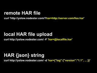 remote HAR file
curl 'http://yslow.nodester.com/?har=http://server.com/foo.har'




local HAR file upload
curl http://yslow.nodester.com/ -F 'har=@localfile.har'




HAR {json} string
curl http://yslow.nodester.com/ -d 'har={"log":{"version":"1.1", ... }}'
 