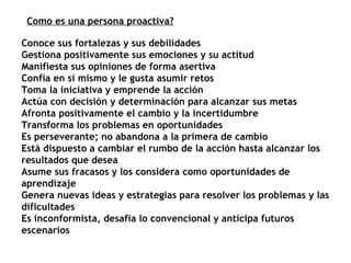 Conoce sus fortalezas y sus debilidades  Gestiona positivamente sus emociones y su actitud  Manifiesta sus opiniones de forma asertiva  Confía en sí mismo y le gusta asumir retos  Toma la iniciativa y emprende la acción  Actúa con decisión y determinación para alcanzar sus metas  Afronta positivamente el cambio y la incertidumbre  Transforma los problemas en oportunidades  Es perseverante; no abandona a la primera de cambio  Está dispuesto a cambiar el rumbo de la acción hasta alcanzar los resultados que desea  Asume sus fracasos y los considera como oportunidades de aprendizaje  Genera nuevas ideas y estrategias para resolver los problemas y las dificultades  Es inconformista, desafía lo convencional y anticipa futuros escenarios  Como es una persona proactiva? 