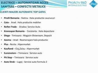 ELECTRICE C AUTOMATIZARI ACCES
SANITARE C CONFECTII METALICE
CLIENTI MAJORI AUTOMATIC TOP GATES

? Pirelli Romania - Slatina : Hala productie cauciucuri
? Cota - Arad: Hala productie mobilier
? Reifen Trade - Oradea: Service Auto
? Kronospan Romania - Constanta : Hala depozitare
? Diego - Timisoara : Magazin Showroom, Depozit
? Azoma C Arad : Reamenajare hala productie
? Plus - Resita : Hipermarket
? Kaufland C Cluj,Zalau : Hipermarket
? Euromotors C Timisoara : Service auto
? Pit Stop C Timisoara : Service auto
? Auto Strak C Lugoj : Service auto Formula 2
 